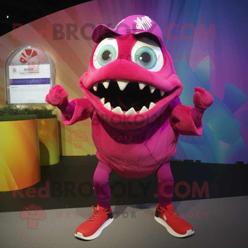 Magenta Piranha mascot costume character dressed with a Running Shorts and Caps