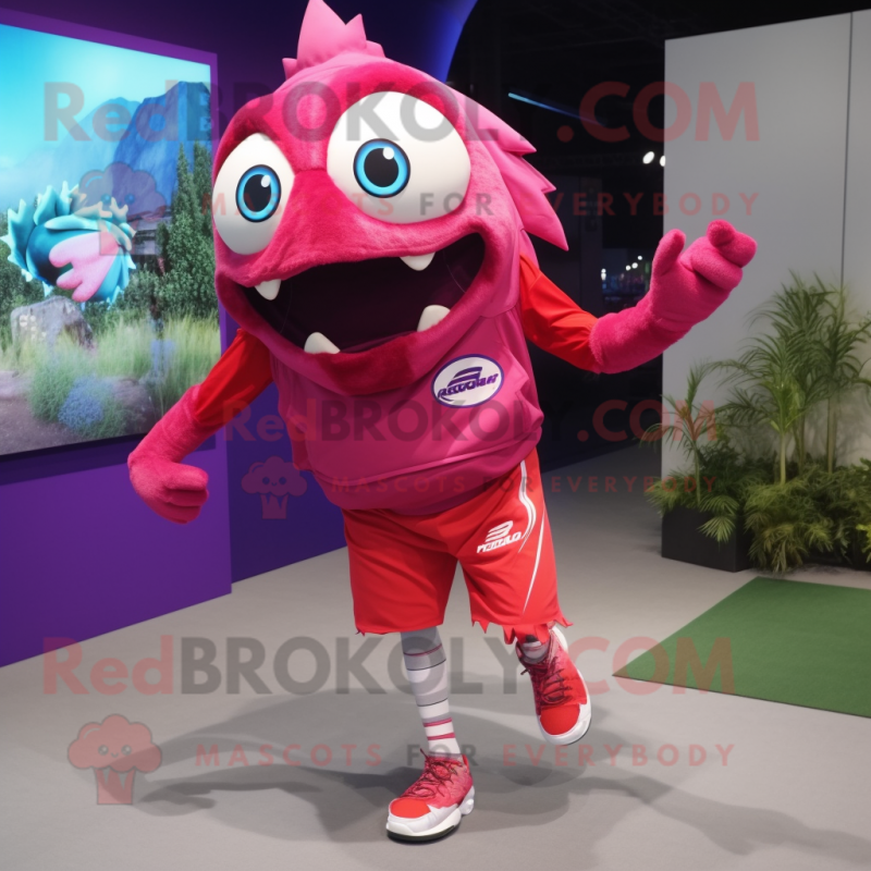 Magenta Piranha mascot costume character dressed with a Running Shorts and Caps