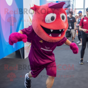 Magenta Piranha mascot costume character dressed with a Running Shorts and Caps