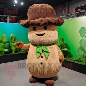 Brown Turnip mascot costume character dressed with a Dress and Berets