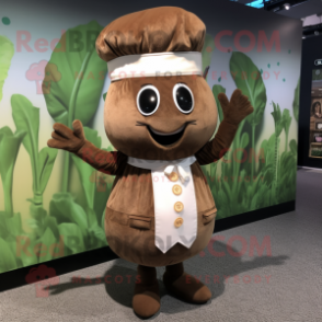 Brown Turnip mascot costume character dressed with a Dress and Berets