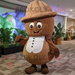 Brown Turnip mascot costume character dressed with a Dress and Berets
