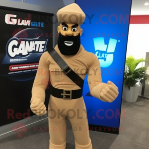 Tan Gi Joe mascot costume character dressed with a Overalls and Headbands