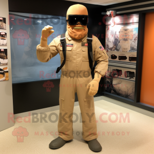 Tan Gi Joe mascot costume character dressed with a Overalls and Headbands