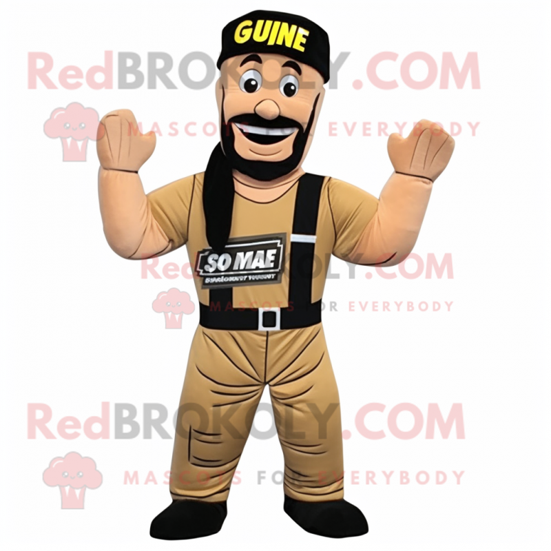 Tan Gi Joe mascot costume character dressed with a Overalls and Headbands