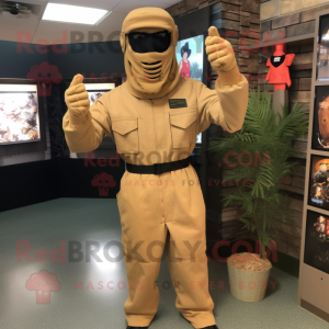 Tan Gi Joe mascot costume character dressed with a Overalls and Headbands