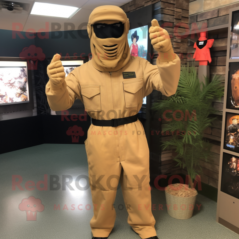 Tan Gi Joe mascot costume character dressed with a Overalls and Headbands