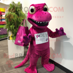 Magenta Lizard mascot costume character dressed with a T-Shirt and Tote bags