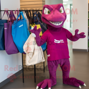 Magenta Lizard mascot costume character dressed with a T-Shirt and Tote bags