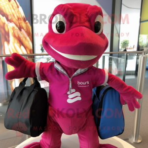 Magenta Lizard mascot costume character dressed with a T-Shirt and Tote bags