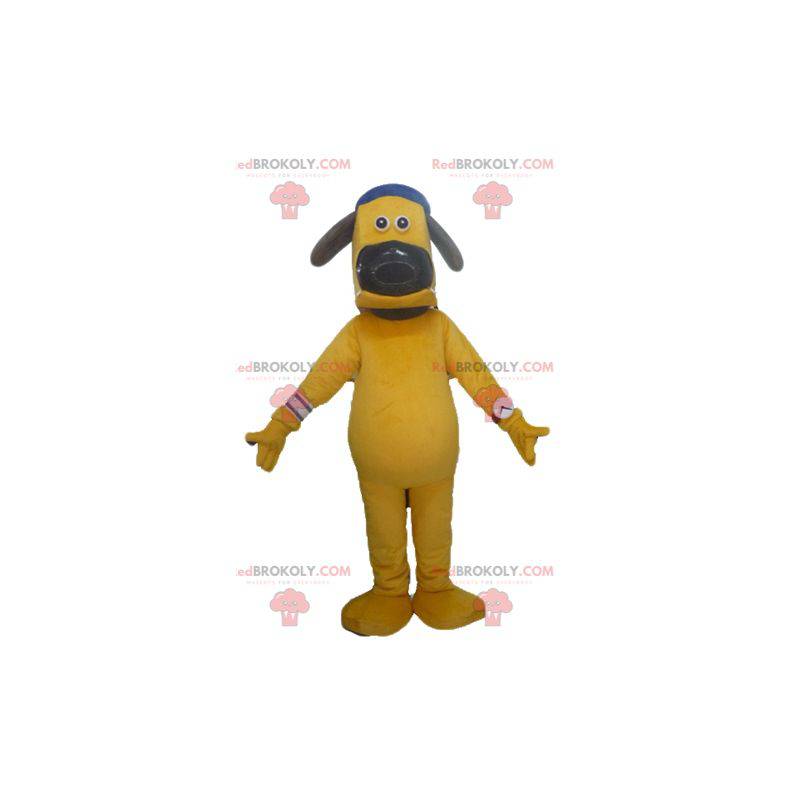 Stor gul hundmaskot med en keps - Redbrokoly.com
