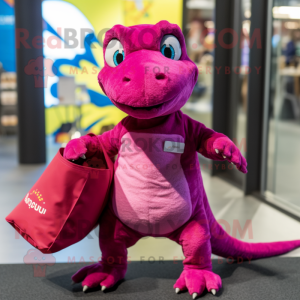 Magenta Lizard mascot costume character dressed with a T-Shirt and Tote bags