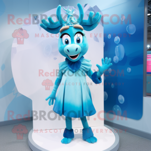 Cyan Reindeer mascot costume character dressed with a A-Line Dress and Hair clips