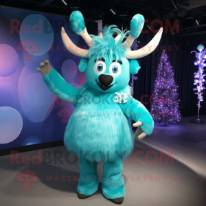 Cyan Reindeer mascot costume character dressed with a A-Line Dress and Hair clips