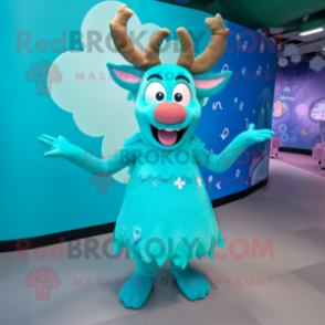 Cyan Reindeer mascot costume character dressed with a A-Line Dress and Hair clips