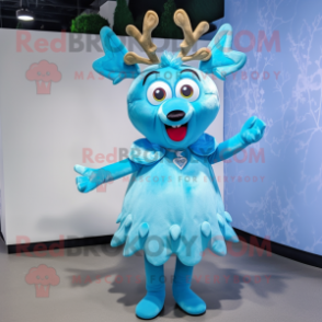 Cyan Reindeer mascot costume character dressed with a A-Line Dress and Hair clips