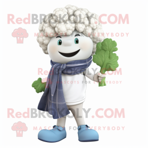 White Cauliflower mascot costume character dressed with a Jeans and Scarf clips