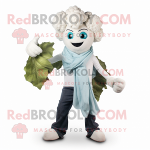 White Cauliflower mascot costume character dressed with a Jeans and Scarf clips