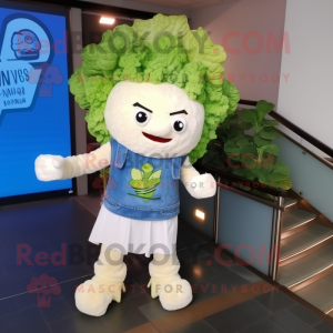 White Cauliflower mascot costume character dressed with a Jeans and Scarf clips