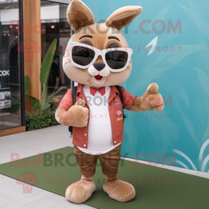 Brown Rabbit mascot costume character dressed with a Henley Shirt and Sunglasses