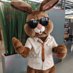 Brown Rabbit mascot costume character dressed with a Henley Shirt and Sunglasses