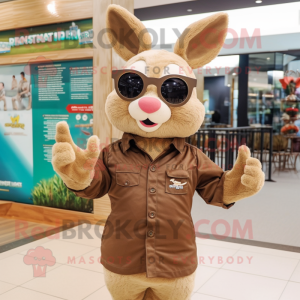 Brown Rabbit mascot costume character dressed with a Henley Shirt and Sunglasses