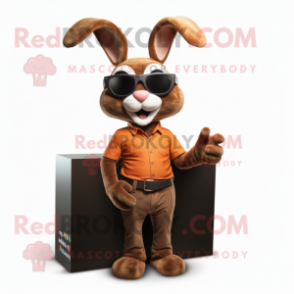 Brown Rabbit mascot costume character dressed with a Henley Shirt and Sunglasses