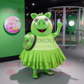 Lime Green Pig mascot costume character dressed with a Circle Skirt and Handbags