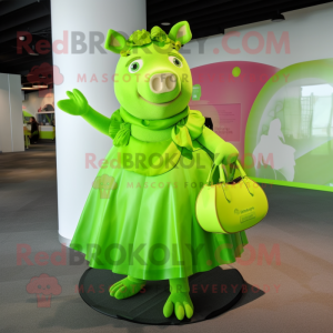 Lime Green Pig mascot costume character dressed with a Circle Skirt and Handbags