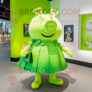 Lime Green Pig mascot costume character dressed with a Circle Skirt and Handbags