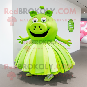 Lime Green Pig mascot costume character dressed with a Circle Skirt and Handbags
