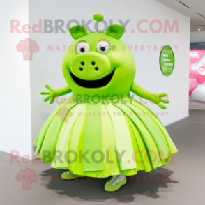 Lime Green Pig mascot costume character dressed with a Circle Skirt and Handbags