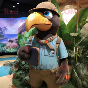 Brown Toucan mascot costume character dressed with a Denim Shorts and Mittens