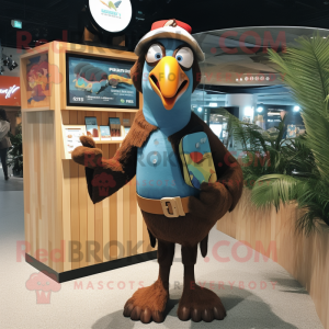 Brown Toucan mascot costume character dressed with a Denim Shorts and Mittens