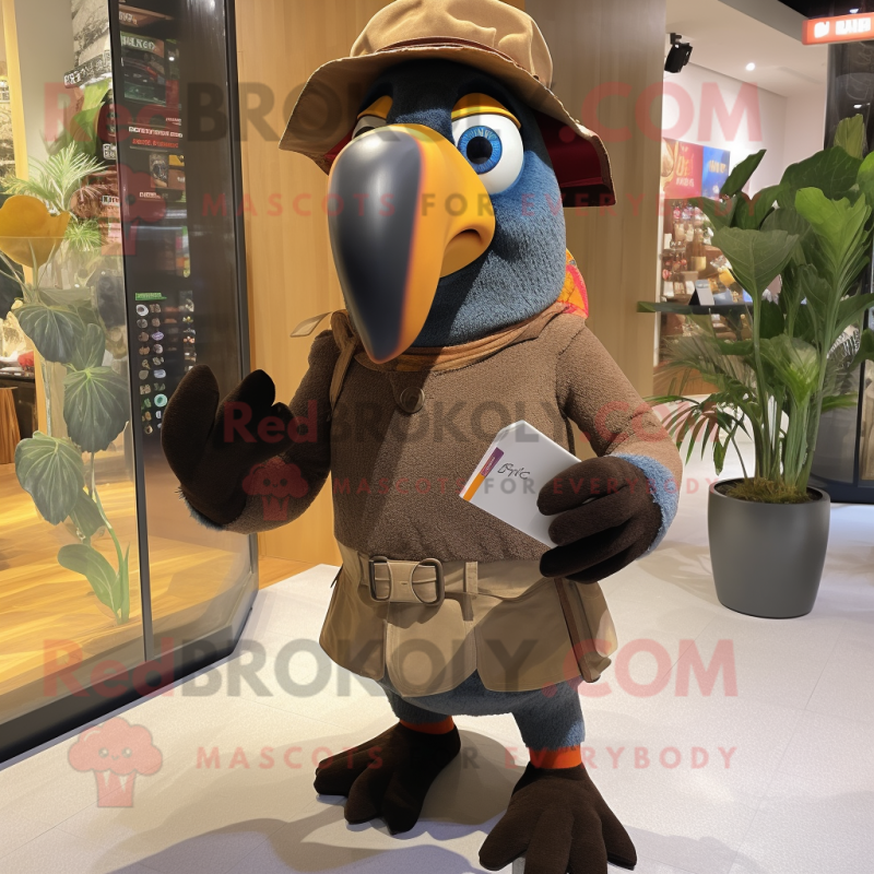 Brown Toucan mascot costume character dressed with a Denim Shorts and Mittens