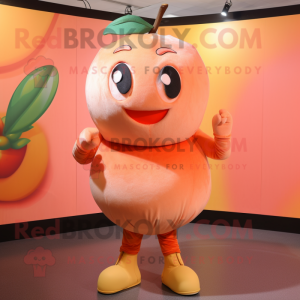 Peach Apricot mascot costume character dressed with a Bodysuit and Wraps