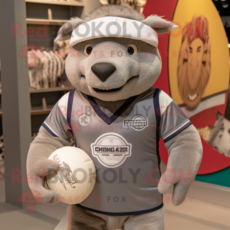 Silver Glyptodon mascot costume character dressed with a Rugby Shirt and Beanies