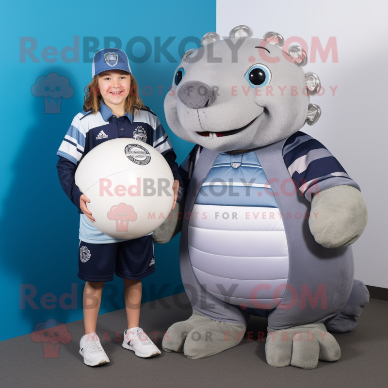 Silver Glyptodon mascot costume character dressed with a Rugby Shirt and Beanies Silver Glyptodon mascot costume character dressed with a Rugby Shirt and Beanies
