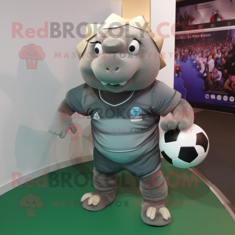 Silver Glyptodon mascot costume character dressed with a Rugby Shirt and Beanies Silver Glyptodon mascot costume character dressed with a Rugby Shirt and Beanies