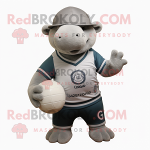 Silver Glyptodon mascot costume character dressed with a Rugby Shirt and Beanies