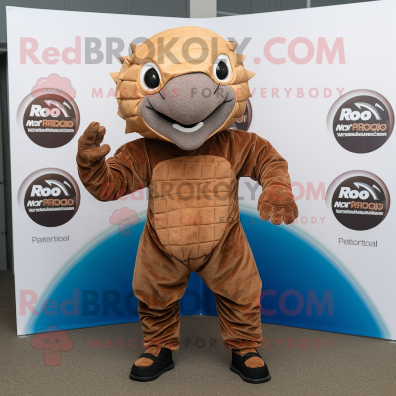Rust Armadillo mascot costume character dressed with a Jumpsuit and Rings
