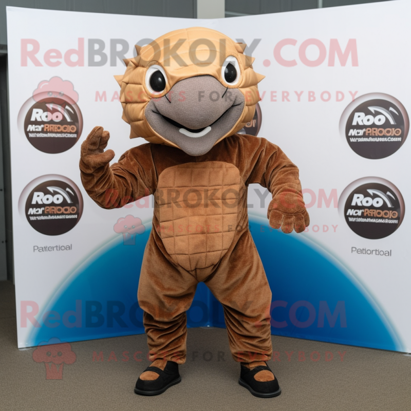 Rust Armadillo mascot costume character dressed with a Jumpsuit and Rings Rust Armadillo mascot costume character dressed with a Jumpsuit and Rings