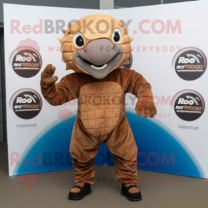 Rust Armadillo mascot costume character dressed with a Jumpsuit and Rings