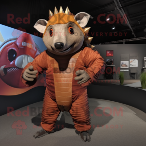 Rust Armadillo mascot costume character dressed with a Jumpsuit and Rings