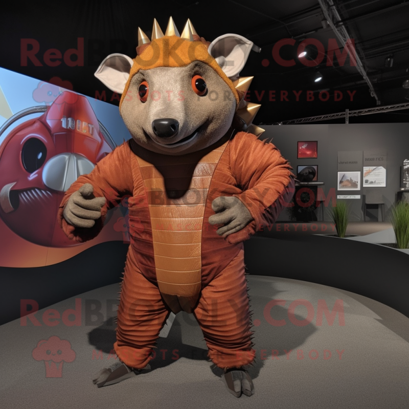 Rust Armadillo mascot costume character dressed with a Jumpsuit and Rings Rust Armadillo mascot costume character dressed with a Jumpsuit and Rings