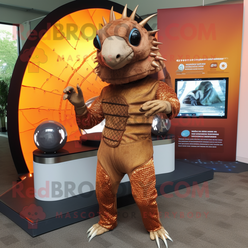 Rust Armadillo mascot costume character dressed with a Jumpsuit and Rings