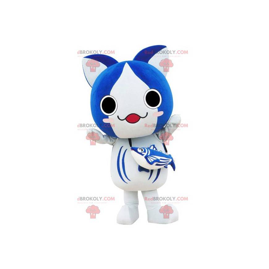 Grote blauwe en witte kat mascotte manga manier - Redbrokoly.com