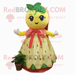 Lemon Yellow Strawberry mascot costume character dressed with a Dress and Scarves