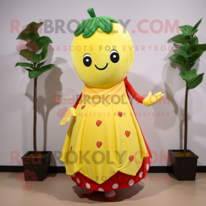 Lemon Yellow Strawberry mascot costume character dressed with a Dress and Scarves