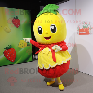 Lemon Yellow Strawberry mascot costume character dressed with a Dress and Scarves